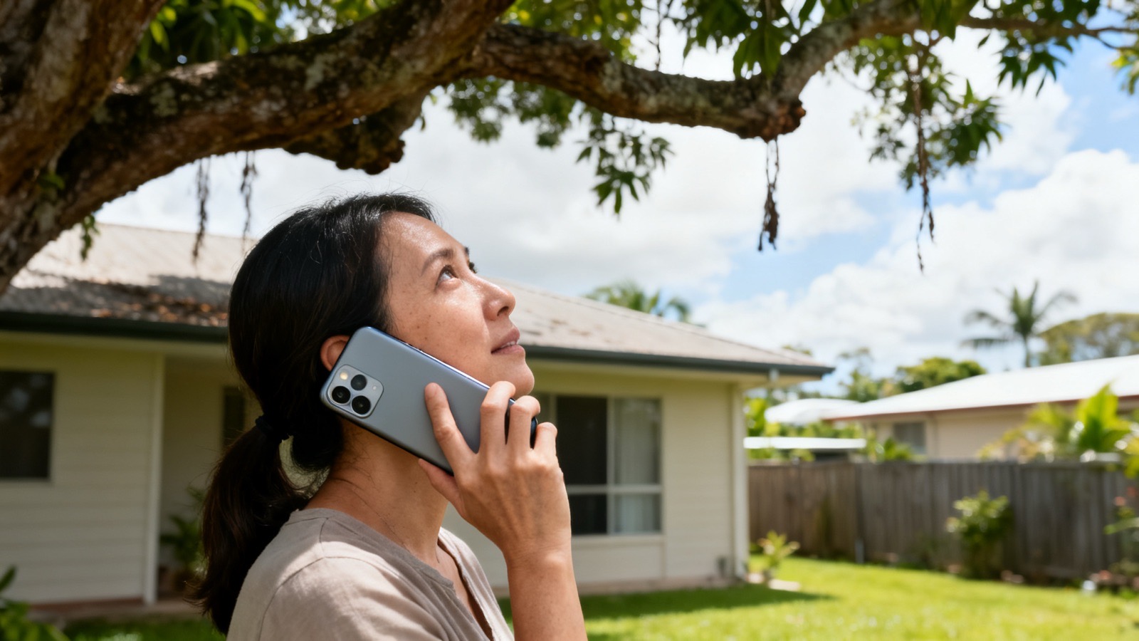 A woman in her back yard on the phone, looking up at a tree limb hanging over the roof