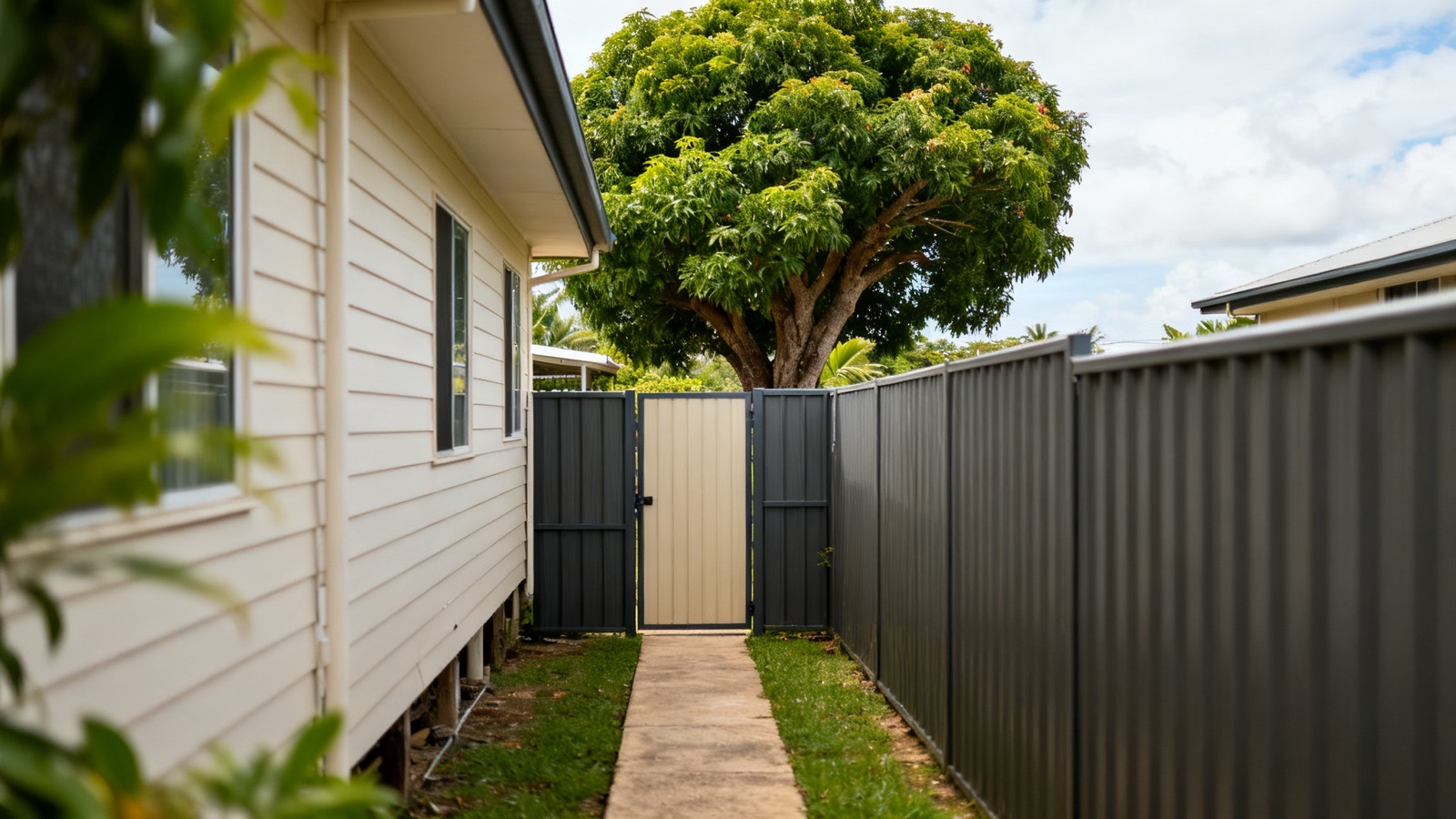 The side path of a Queensland house leading through to a back yard with a large tree