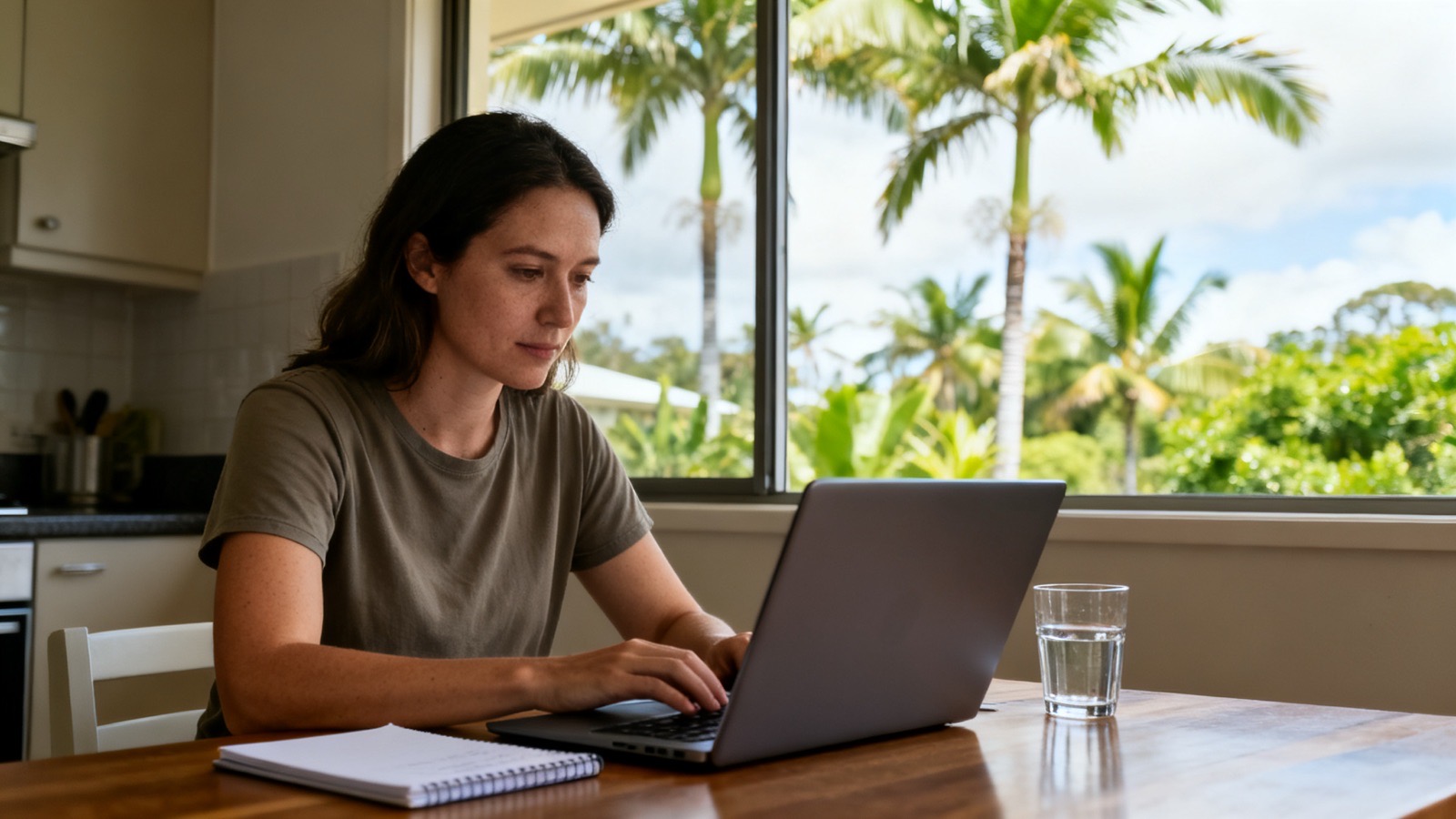 A woman at a kitchen table working on a laptop